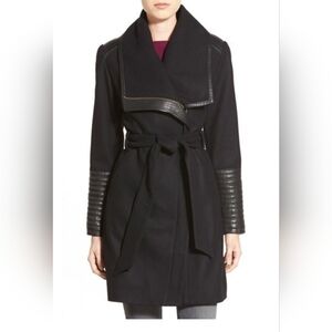 Badgley Mischka Black Wool Blend Coat with Leather Accents
